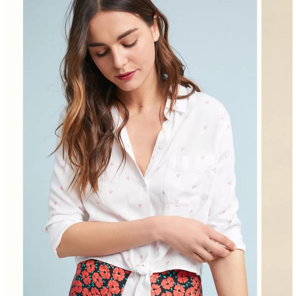 Rails Anthropologie Heart Printed Front Tie Blous… - image 1